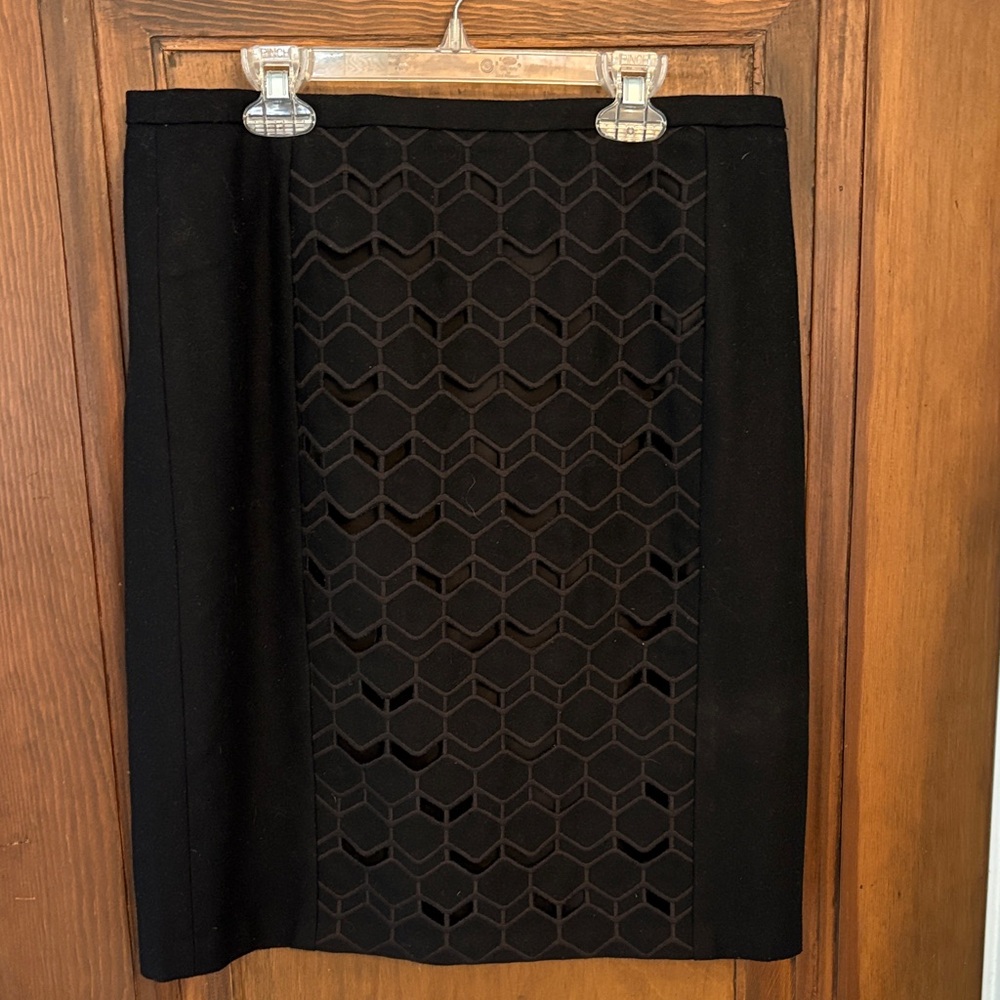 Black Geometric Lace-Panel Pencil Skirt